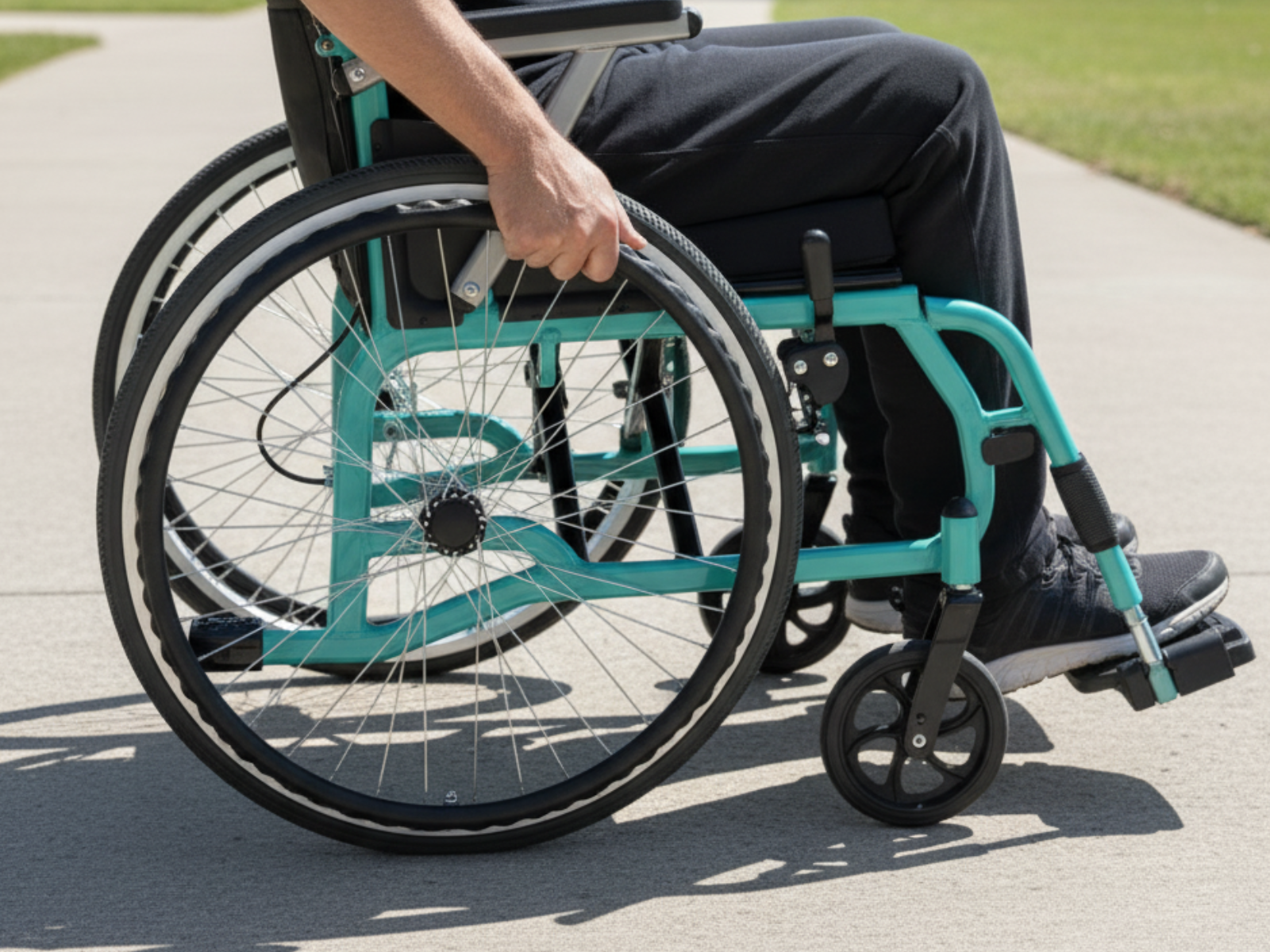 hands close up of vital lite wheelchair on rims