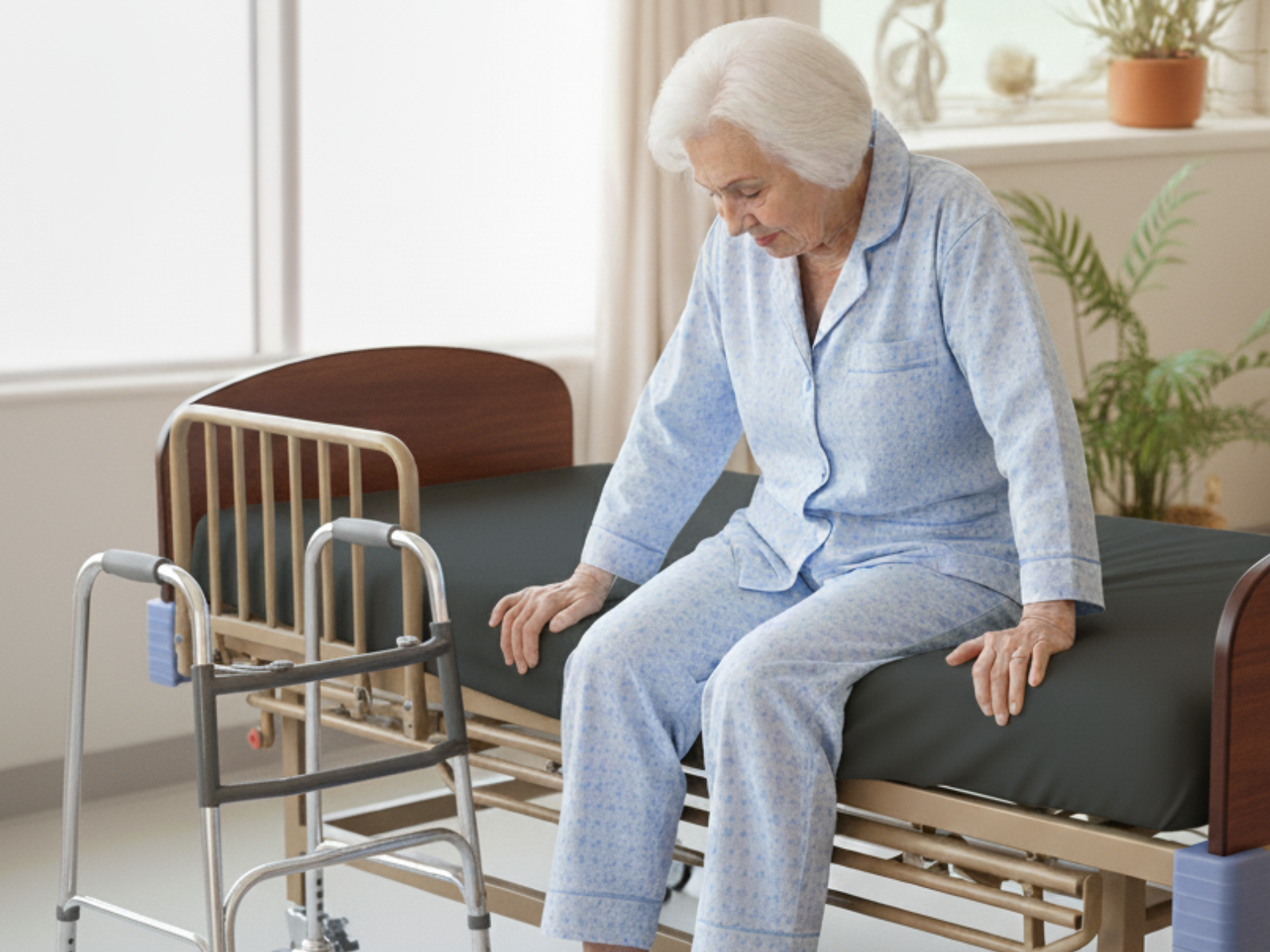 elderly woman sits on side of hospital bed next to walker