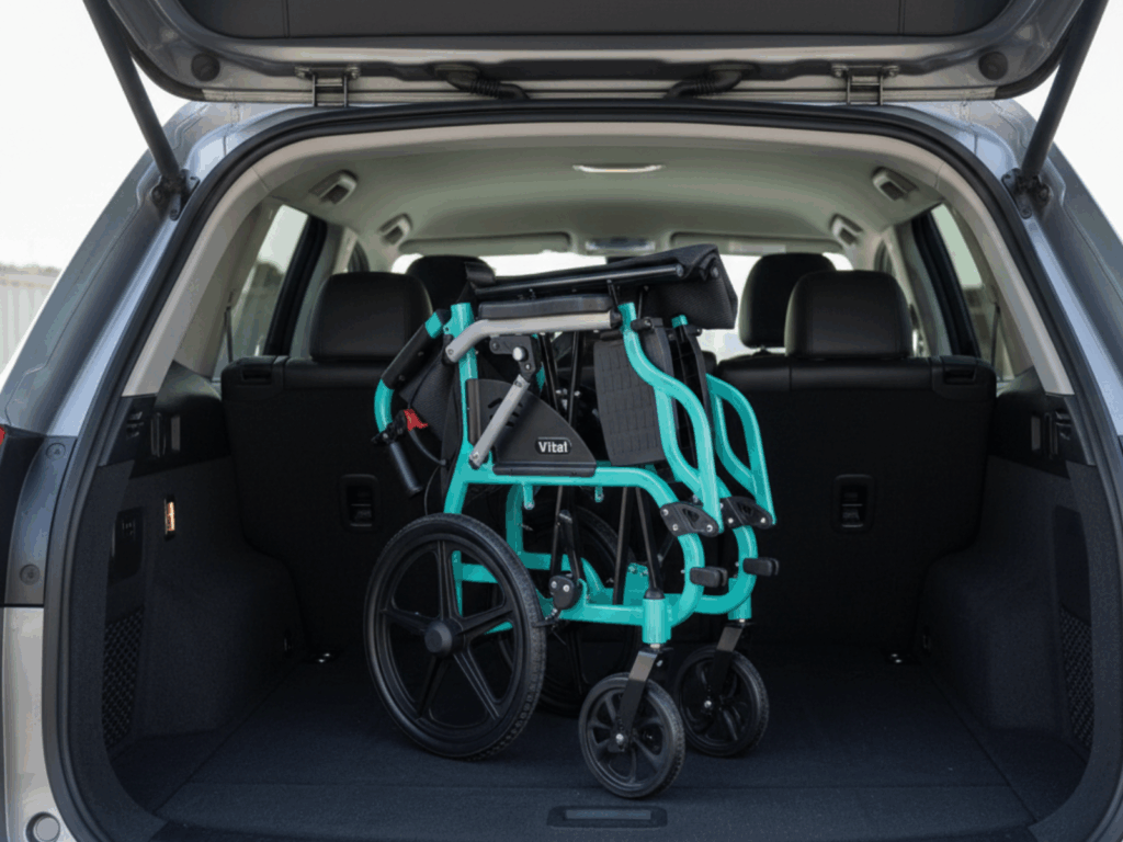 vital lite transport chair folded in car trunk
